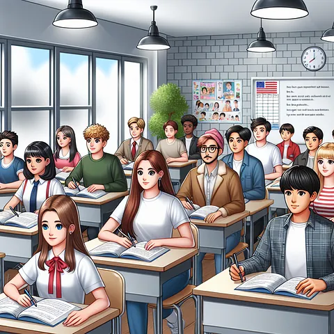 Realistic stock image of students learning English.
